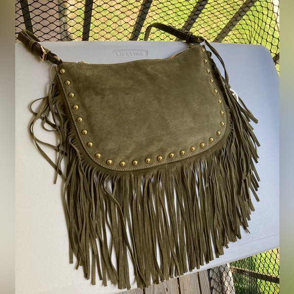 Michael Kors Dakota Olive Green Suede Leather Saddle Bag Long Fringe Gold Studs - Picture 1 of 17